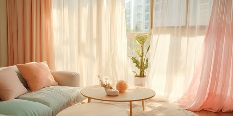 A bright and cozy living room interior bathed in sunlight filtering through curtains
