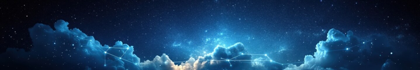 Naklejka premium cosmic sky with technology lines connecting the stars and a data cloud. Representing data cloud technology.