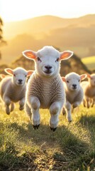 Fototapeta premium Sunrise Frolic in the Meadow, Baby animals bunnies, chicks, lambs