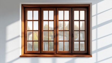 Wooden window, sunlight,  exterior view,  white wall