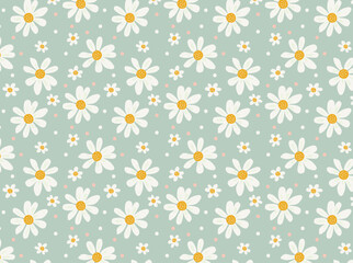 Seamless pattern with daisies. Vector background with white daisies on a blue background drawn by hand. Suitable for printing on paper, fabric surfaces. Summer print for clothes.