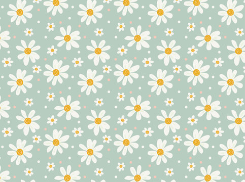 Seamless pattern with daisies. Vector background with white daisies on a blue background drawn by hand. Suitable for printing on paper, fabric surfaces. Summer print for clothes.