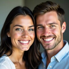 A young couple stands close together, radiating happiness with their bright smiles. The warmth of their connection creates a vibrant atmosphere in this inviting space Generative AI