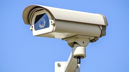 Security camera against a clear blue sky.