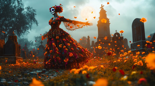 Mysterious Day of the Dead Catrina dancing in an old cemetery, wearing a colorful traditional dress and skull makeup, surrounded by flowers and tombstones under the moonlight