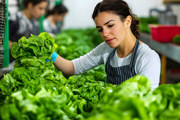Cheerful latin woman in apron sorting and stacking fresh green lettuce manually while working in vegetable factory.