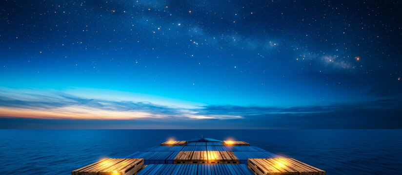 Cargo ship under starry night sky on open sea - Powered by Adobe