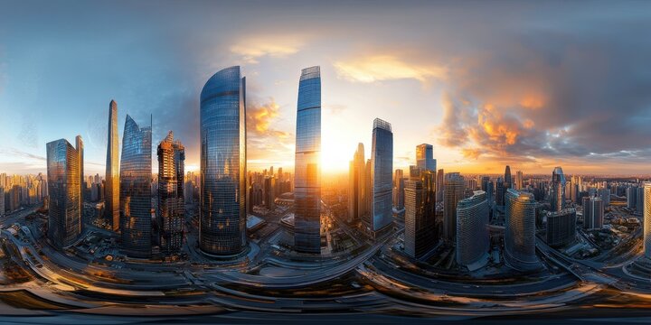 Ultra-wide panoramic 360-degree HDRI image of a modern city skyline at sunset, glass skyscrapers reflecting golden light
