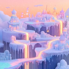 A whimsical fantasy illustration of a pastel colored ice castle