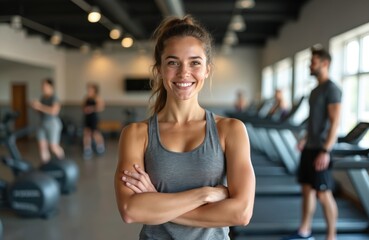 Fototapeta premium Young fit woman stands in modern sport club. Female personal trainer in gray top smiles at camera in gym, arms crossed. Healthy lifestyle, sport, fitness concept.