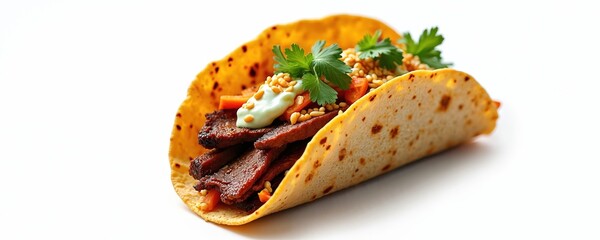 Korean BBQ beef taco features kimchi slaw, cilantro-lime crema, toasted sesame seeds in corn tortilla. Fusion of Korean BBQ, Mexican street food. Spicy, flavorful, modern culinary art on white