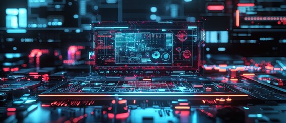 A glowing holographic interface displaying complex data, surrounded by sleek futuristic devices, dark moody tones