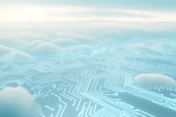 A close-up of an abstract circuit board with glowing connections, floating above soft clouds in the sky. The background is light blue and white, creating a serene atmosphere.