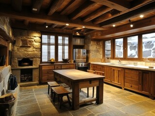 A rustic kitchen featuring stone and wooden interior design