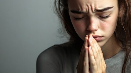 A young woman with clasped hands looking downcast and solemn
