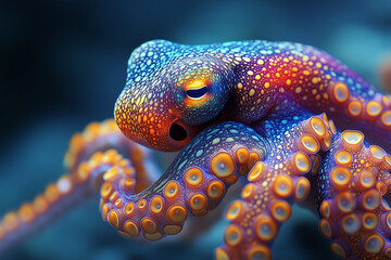 A vibrant, multicolored octopus with intricate patterns on its skin, gracefully swimming in crystal-clear ocean waters. Its tentacles move fluidly, with an array of glowing colors blending with the de