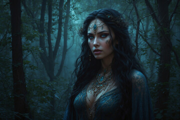Fototapeta premium Midnight Forest Sorceress with Gemstone Adornments: A Dark, Enchanting Vision.