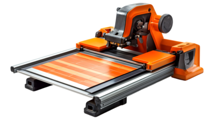 Heavy-duty electric tile cutting machine with precision sliding rail system, industrial-grade saw for construction and home improvement, isolated on white background