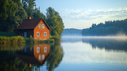 Fototapeta premium Peaceful Sunrise Cabin by Misty Lake