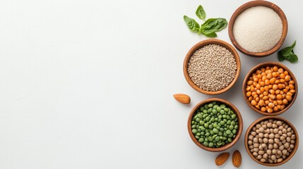 Colorful Bowls of Plant-Based Protein Ingredients for Healthy Living