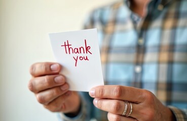 Close up of male hands holding thank you card. Man reads greeting note on paper. Message with gratitude, appreciation and sincere emotions. Concept of kindness, support, respect and positive feedback.