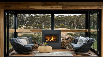 Fototapeta premium Cozy Fireplace Lounge with Forest View Perfect for Relaxation and Gatherings