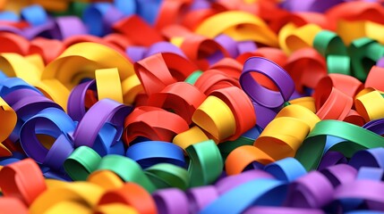 Rainbow curled paper ribbons background.