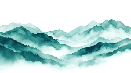 teal color watercolor illustration of misty mountains landscape isolated on white or transparent background