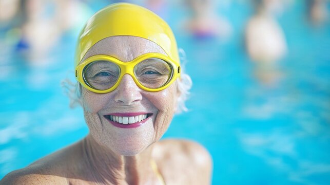 Elderly caucasian female swimmer smiling in pool with yellow swim cap and goggles.