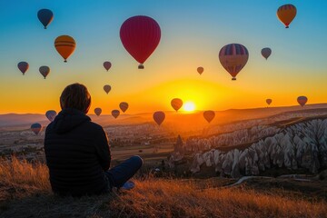 Solo Explorer Watching Hot Air Balloons at Sunrise A traveler sits on a hill, silhouetted against the warm glow of the sunrise, as dozens of colorful hot air balloons rise into the sky. Their relaxed 