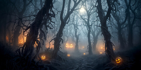 Spooky Halloween forest path with glowing jack-o'-lanterns