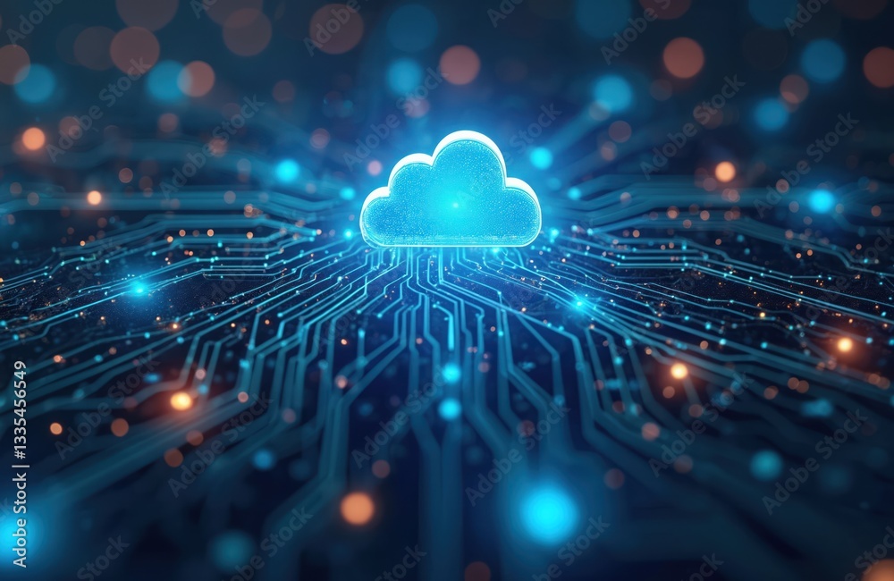 Poster Cloud computing concept. Digital data transfers on internet. Futuristic digital tech graphic with cloud icon on circuit board, symbolizing online network, AI, big data and cyberspace.