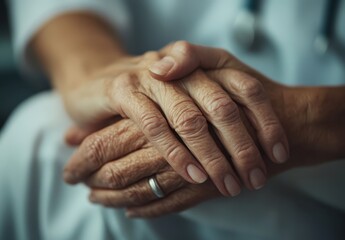 Fototapeta premium Close-up of elderly hands clasped together, showcasing wisdom and experience.