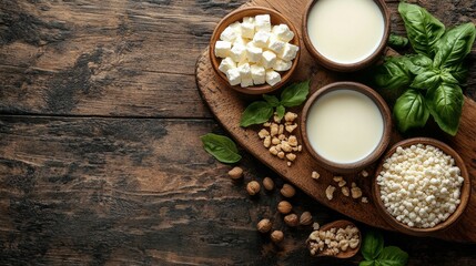 Fototapeta premium Top View of Wooden Table with Dairy Products and Fresh Basil