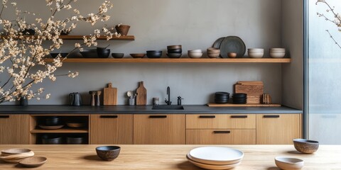 Modern kitchen interior design with wooden cabinets and floral decorations