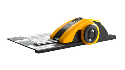 Close-up of a yellow electric tile cutter with a rotating blade, designed for cutting tiles with precision in construction and home renovation projects.

