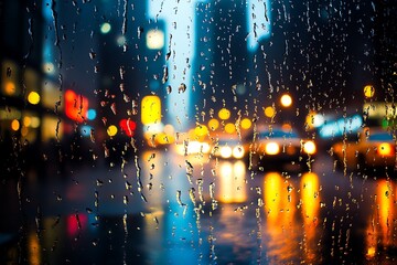mystic vibe of rain pouring over town expanse where glossy paths echo radiance of streetlights forms an alluring scene that perfectly fuses wet canvas with spellbinding charm  

