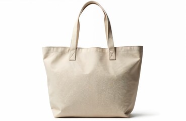 Simple blank canvas tote bag with sturdy beige handles isolated on white. Empty stylish eco cotton shopping bag. Modern design. Lightweight versatile plain storage. Recycle reusable material,