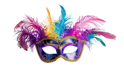 Colorful venetian carnival mask with feathers on transparent background