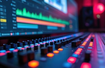 Close-up of mixing console with faders, knobs, buttons. Computer monitor displays audio waveforms for video editing. Post production audio mixing. Music track editor interface. Audio engineer. Sound