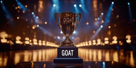 an impressive looking golden trophy engraved with "GOAT" on the front resting on a formal looking black table that rests on a large and well lit stage