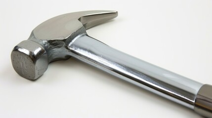 A sleek metallic hammer with a polished finish and wooden handle ideal for DIY projects and c