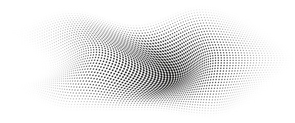 Flowing Wave Dot Halftone Pattern: Curve Gradient Shape on Transparent Background. Suitable for AI, Tech, Network, Digital, Science, and Technology Themes.