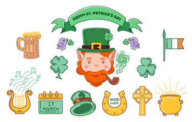 Set of colored icons for St. Patrick's Day in flat cartoon style. Vector illustration
