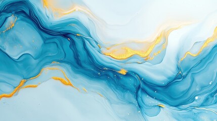 Abstract blue and gold fluid art painting with swirling patterns and dynamic flow