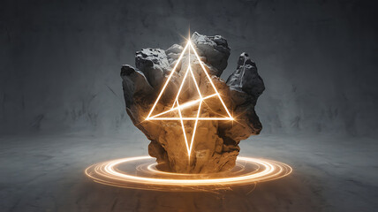 Abstract geometric rock formation illuminated by glowing lines