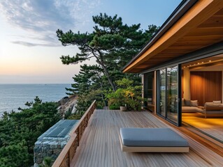 Fototapeta premium An elevated wooden deck with ocean views and home access