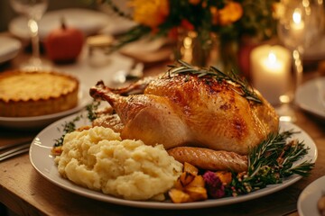 A close-up shot of a beautifully roasted turkey on a rustic wooden table