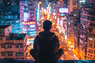 Obraz premium Solo Traveler Taking a Self-Timer Shot from a Rooftop in a Bustling City A traveler sits on the edge of a rooftop, watching the city lights come to life
