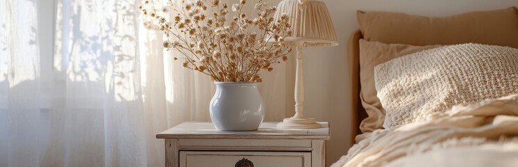 Cozy bedroom with rustic decor and warm natural light illuminating a bedside table with dried flowers.
